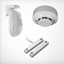 Alarm sensors and transmitters: PIR sensors for motion detection, smoke detectors, magnetic door and window opening sensors.