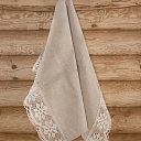 Linen towel light gray, white flowers in lace