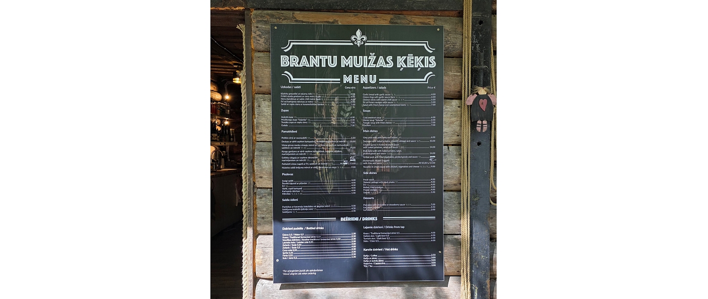 "Brantu muižas ķēķis", ēdienkarte