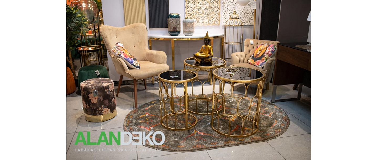 ALANDEKO round decorative carpet metal glass tables stool with floral pattern