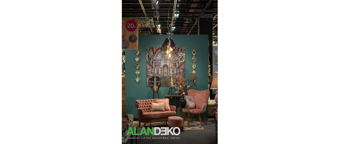 ALANDEKO relaxation corner, glass dome lamp, puff chair, wall decor