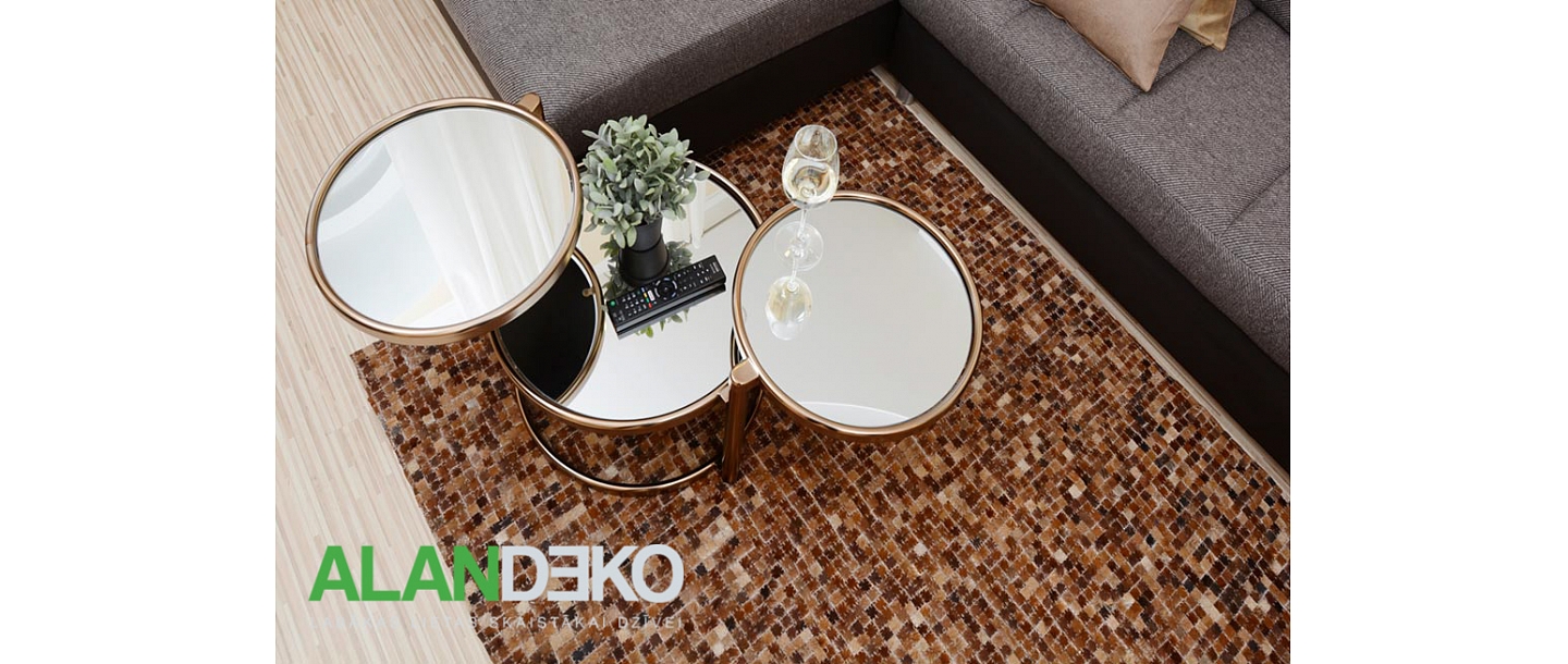 ALANDEKO rotating glass tables leather carpet mirror surface table corner sofa