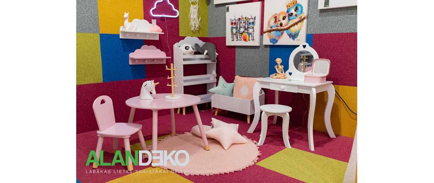 ALANDEKO игровой уголок, детская мебель, детский ковер, настенные полки, косметический столик, шкатулка, стул, деревянный ящик для хранения, настенные картины