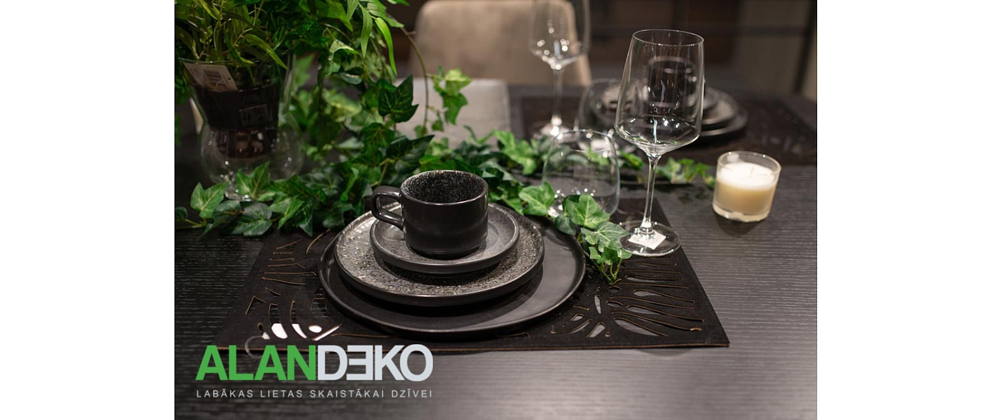 ALANDEKO candles, ceramic dinnerware, coffee mug, vinyl table mats, artificial vines