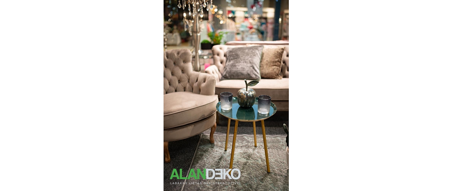 Посуда ALANDEKO, нейтральные тона интерьера, столы для гостиной, декоративные ковры