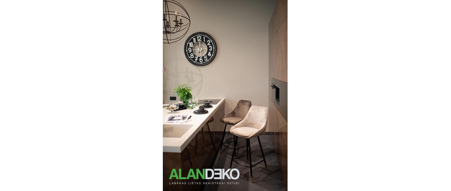 ALANDEKO kitchen, kitchen furniture, bar chairs, ceiling lighting, bar counters, velvet furniture, neutral interior tones