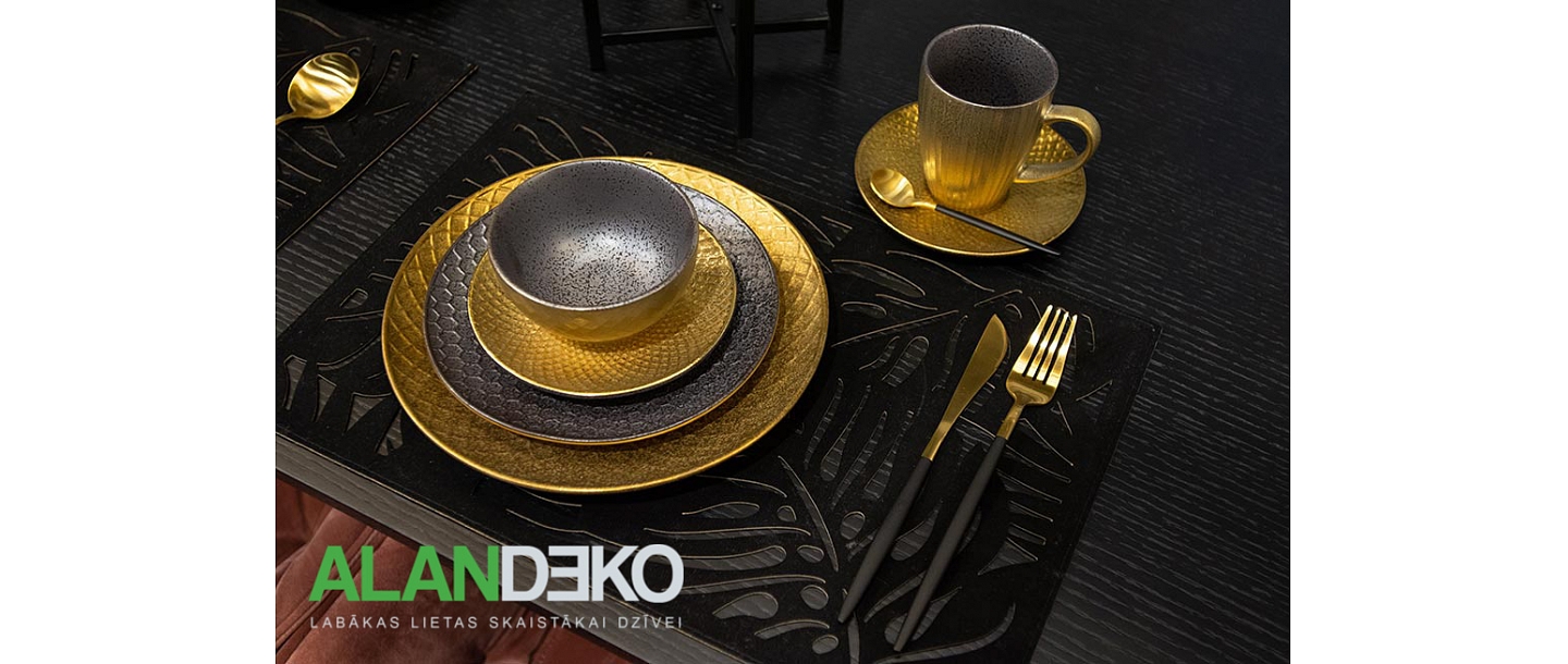 ALANDEKO zelta trauki pusdienu šķīvji tējas krūzes apakštases galda piederumi glada noformējums galda paliktņi