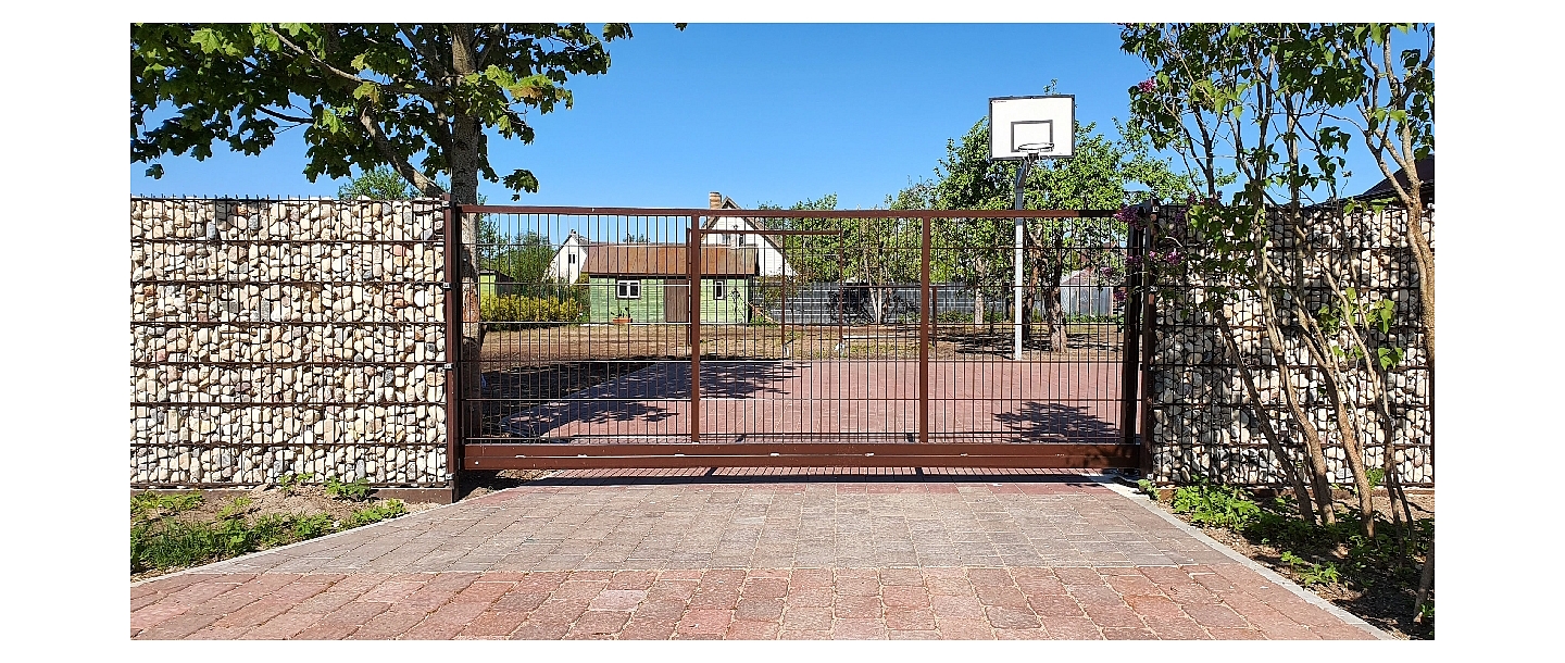 2D fence panel sliding gate with gabions