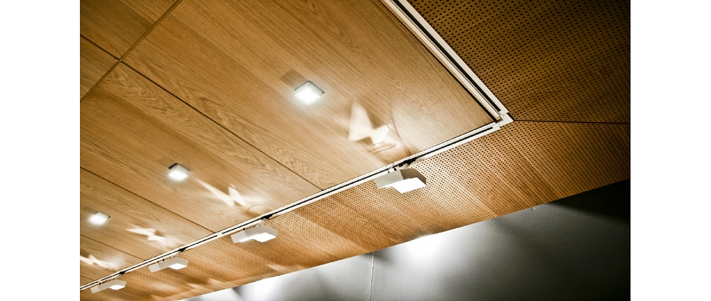 Wood veneered ceiling