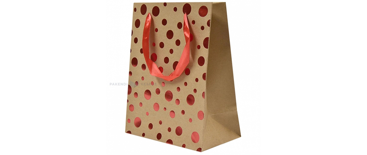 Paper bag with red dot print with ribbon handles