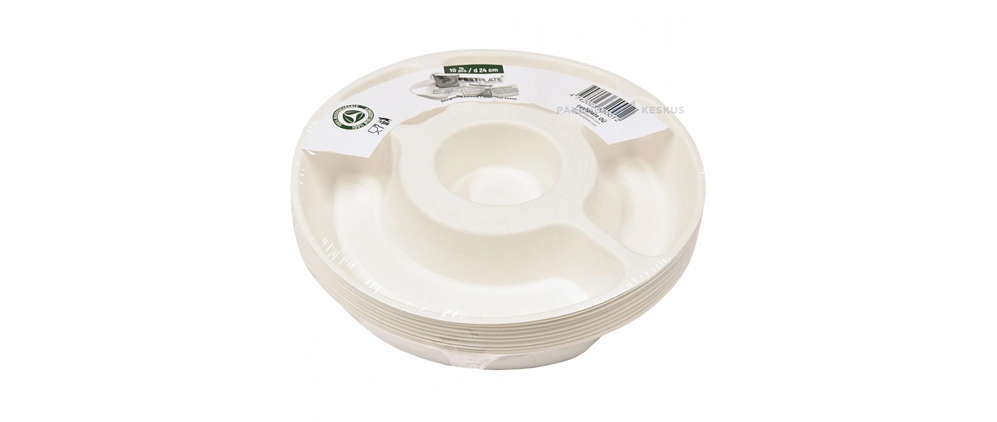 5-nodalījumu festivālu šķīvis 100% bioliģiski sadalās/kompostējams diametrs 24mm, 10gb./iepakojumā - Pārtikai