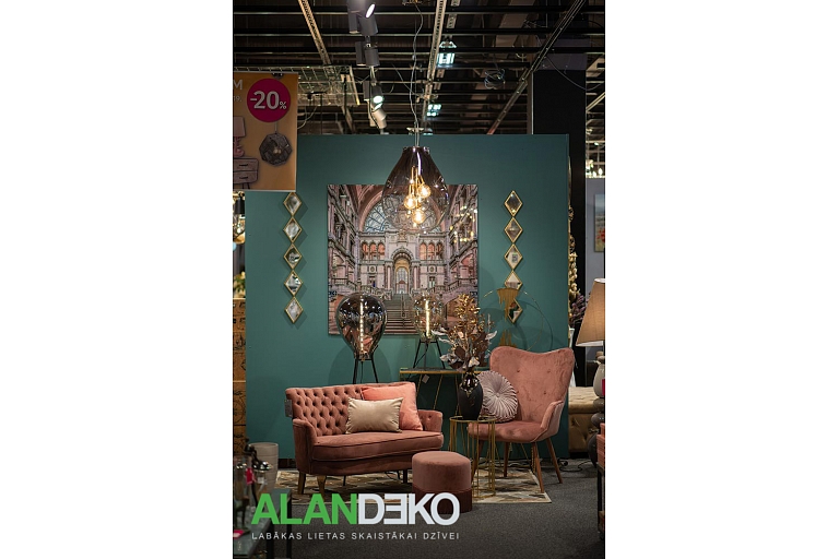 ALANDEKO relaxation corner, glass dome lamp, puff chair, wall decor