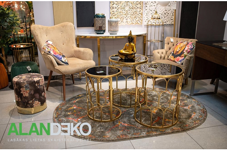 ALANDEKO round decorative carpet metal glass tables stool with floral pattern