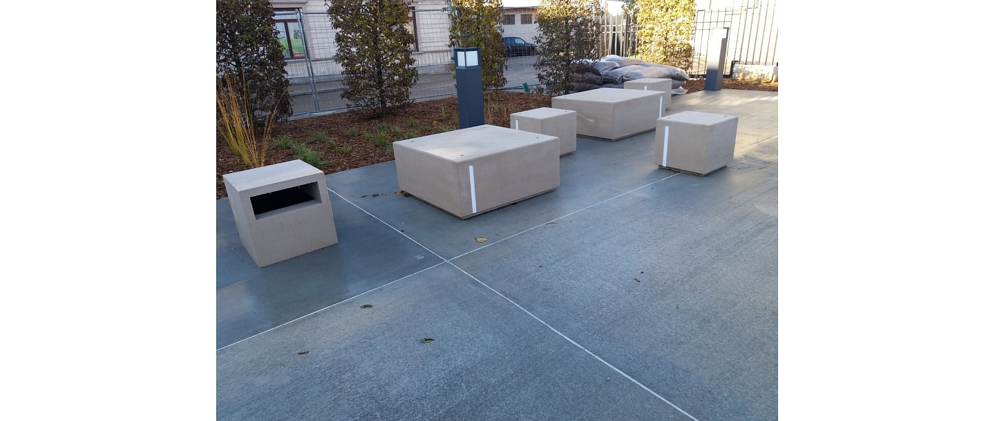 Benches and garden elements.