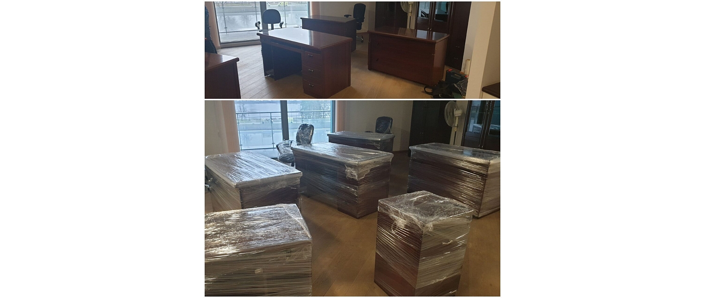 Biroja mēbeļu iepakošana transportēšanai