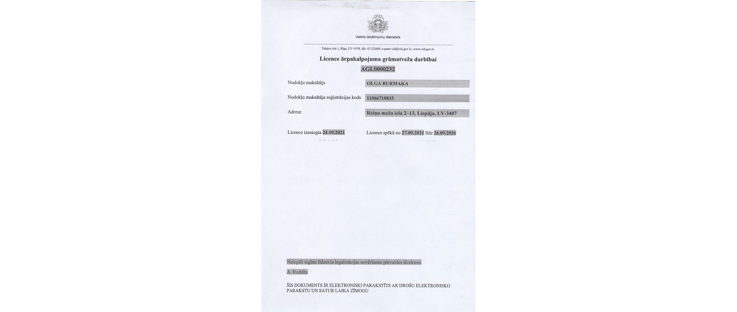 Licence ārpakalpojumu grāmatveža darbībai