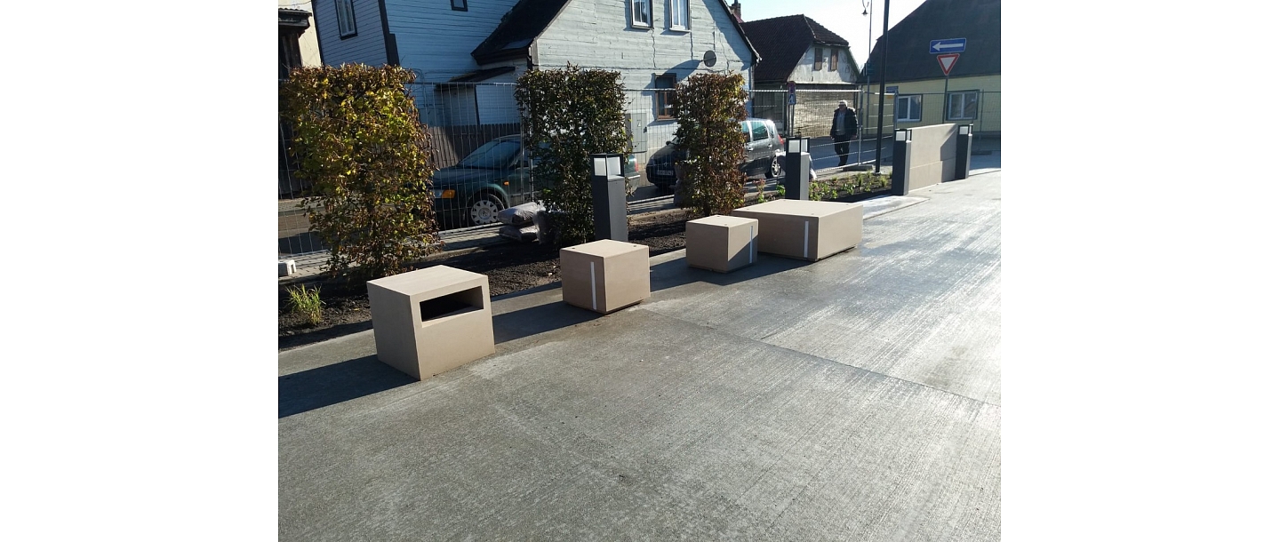 Benches and garden elements.