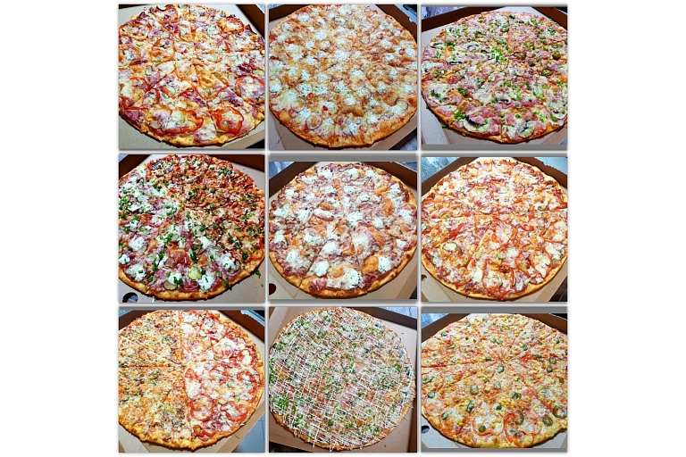 Various, traditional and exotic pizzas