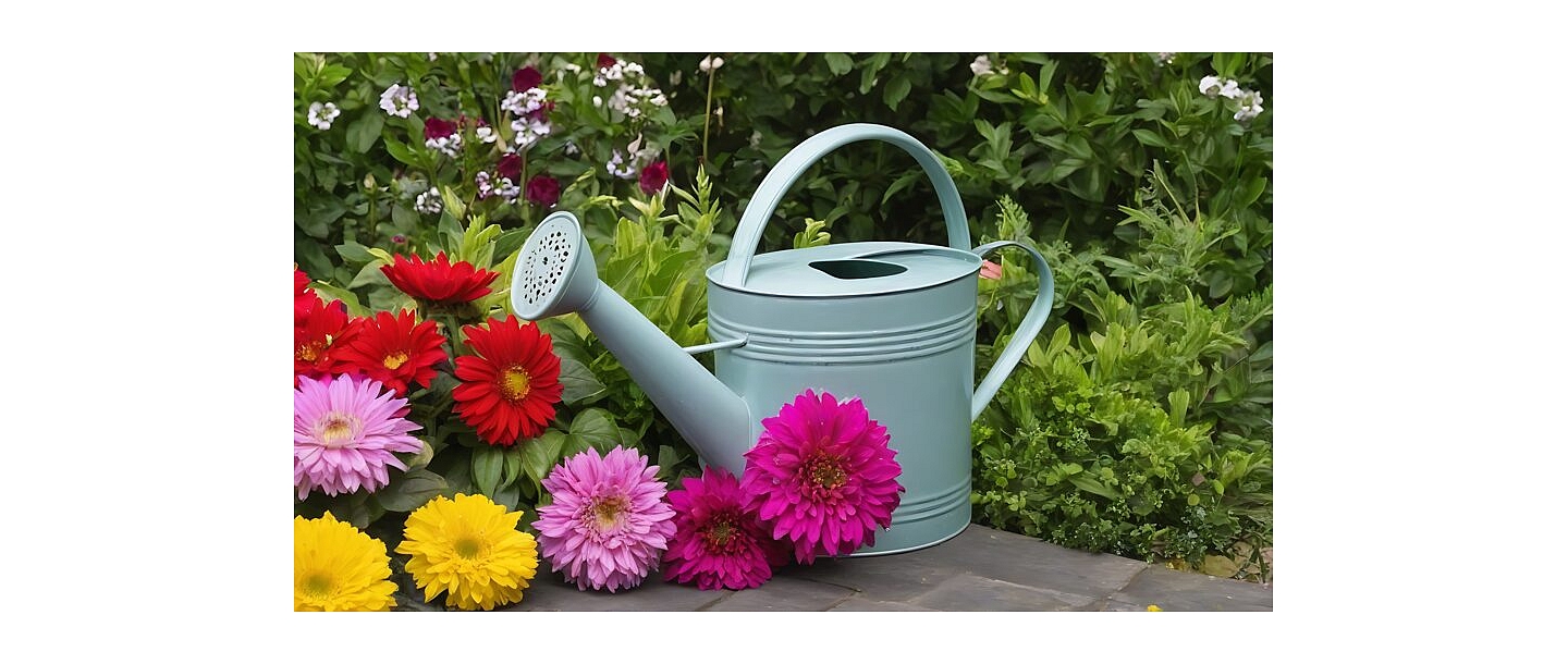 Watering can in a flower bed