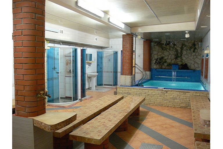 A well-equipped sauna with a pool in Kengarags