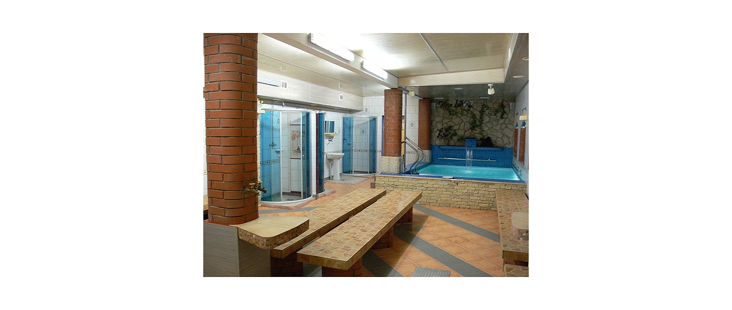 A well-equipped sauna with a pool in Kengarags