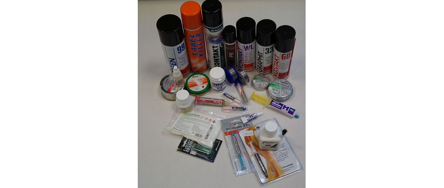 Tin, solder paste, soldering acid, calofonium, contact sprays, contact wipers, thermopast, pickling agents, iron chloride, chemistry electronics, soldering chemistry
