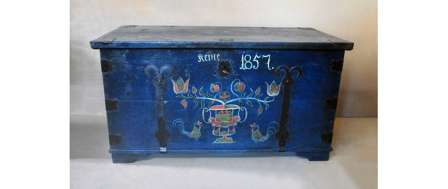 Painted solid pine chest with metal trim. Made in Latvia - restored