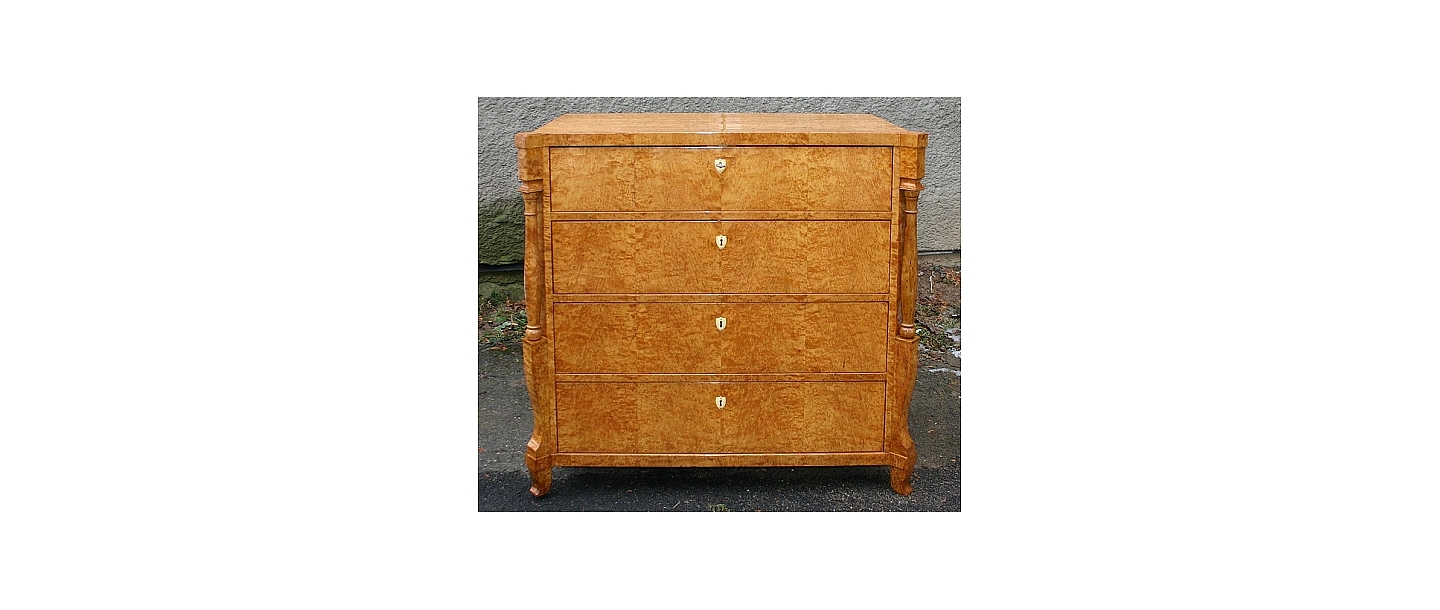 Flaming birch chest of drawers - restored