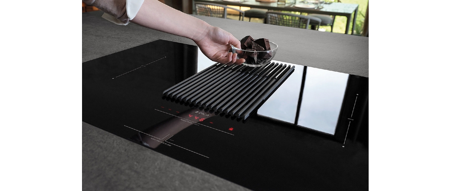 NIKOLATESLA, NIKOLATESLA LIBRA, HOOD, HOB, INDUCTION, induction surface, cooker hood, kitchen scales, black surface, kitchen design, surface with a built-in hood