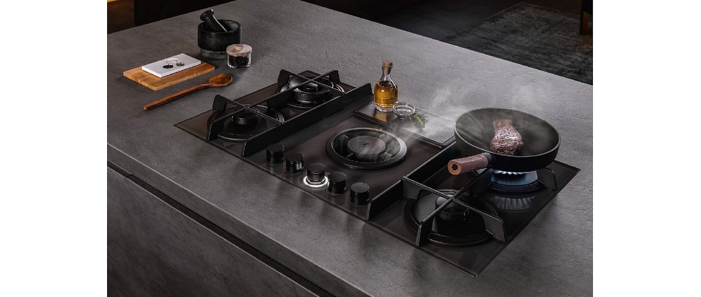 NIKOLATESLA, NIKOLATESLA FLAME, HOOD, HOB, gas surface, surface, cooker hood, kitchen design, surface with a built-in hood, surface with a hood