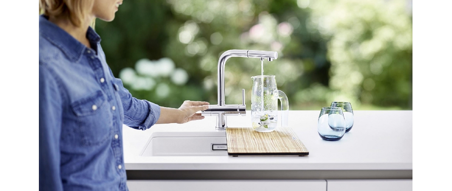 BLANCO sink, stone mass sink, BLANCO faucet, BLANCO FONTAS II, faucet for filtered water, built-in sink, kitchen chopping board, accessories for sinks