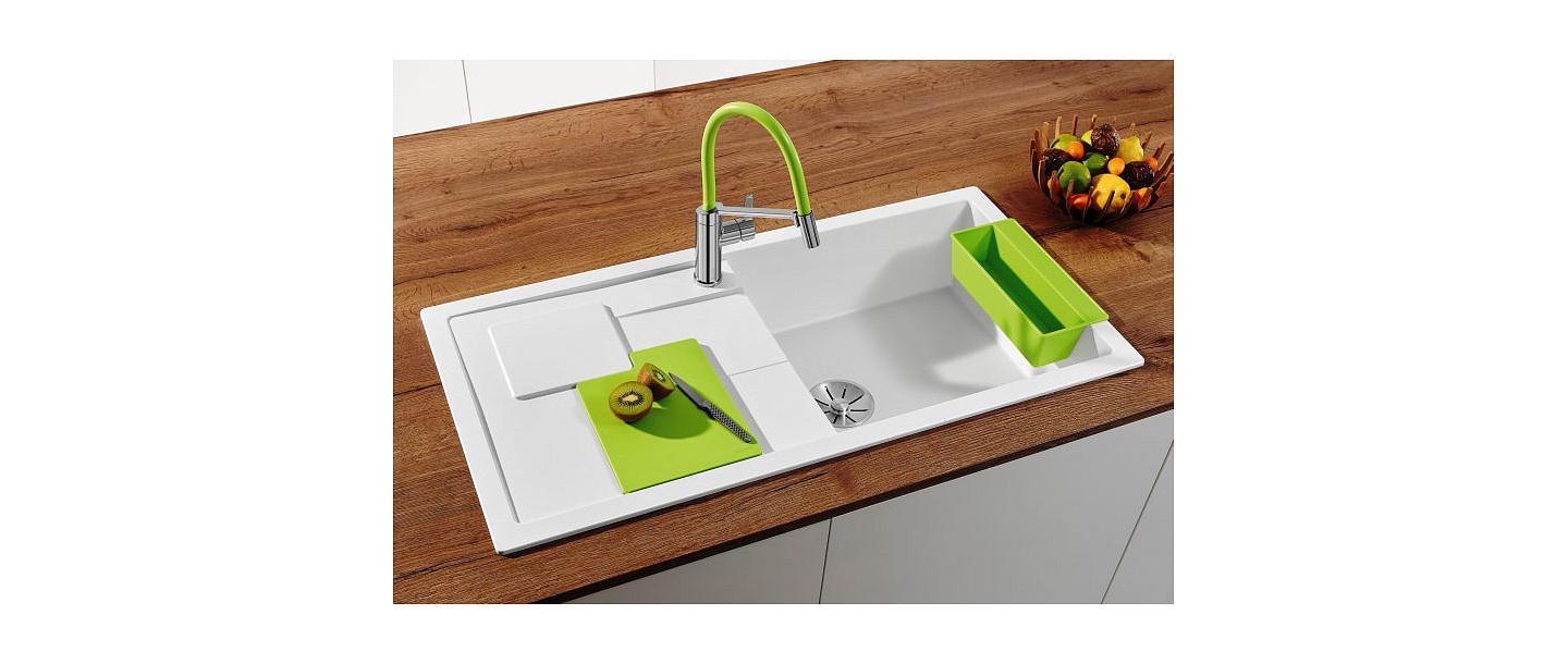 BLANCO sink, SILGRANIT, stone mass sink, granite sink, white sink, INFINO, INFINO strainer, sink accessories, BLANCO VIU-S, BLANCO faucet, BLANCO SITY