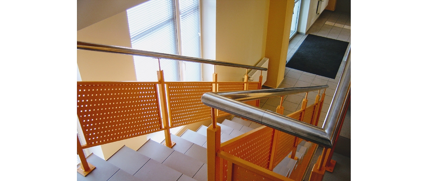 Perforated metal railing with stainless steel lantern for Zvaigzne ABC