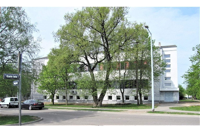 The main entrance of the white building