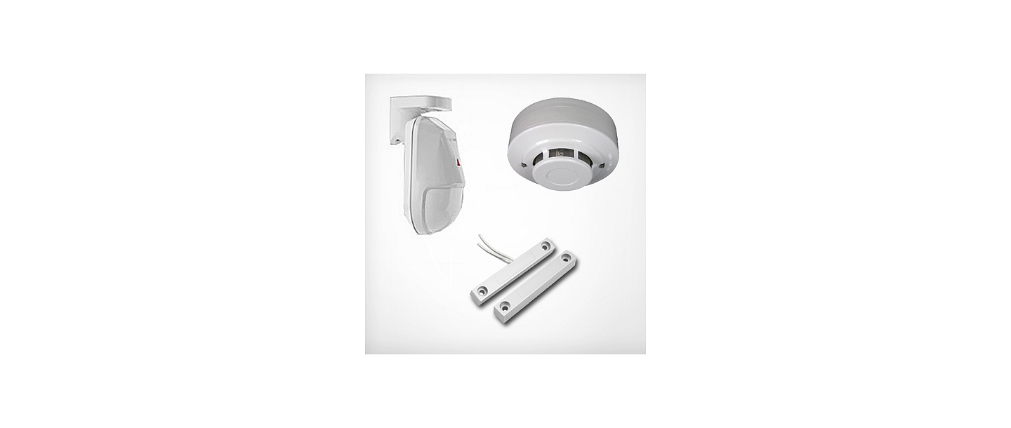 Alarm sensors and transmitters: PIR sensors for motion detection, smoke detectors, magnetic door and window opening sensors.