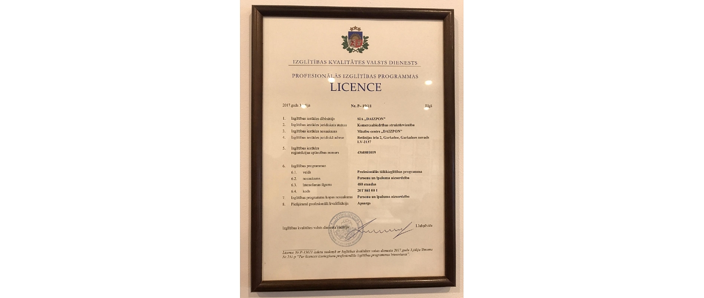 480 stundu apsardzes programmas ar iegūstamo kvalifikāciju Apsargs licence
