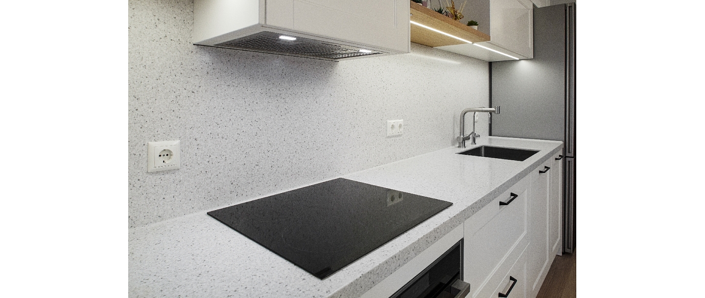 Virtuves virsma ar sienas paneli no Corian ® materiāla