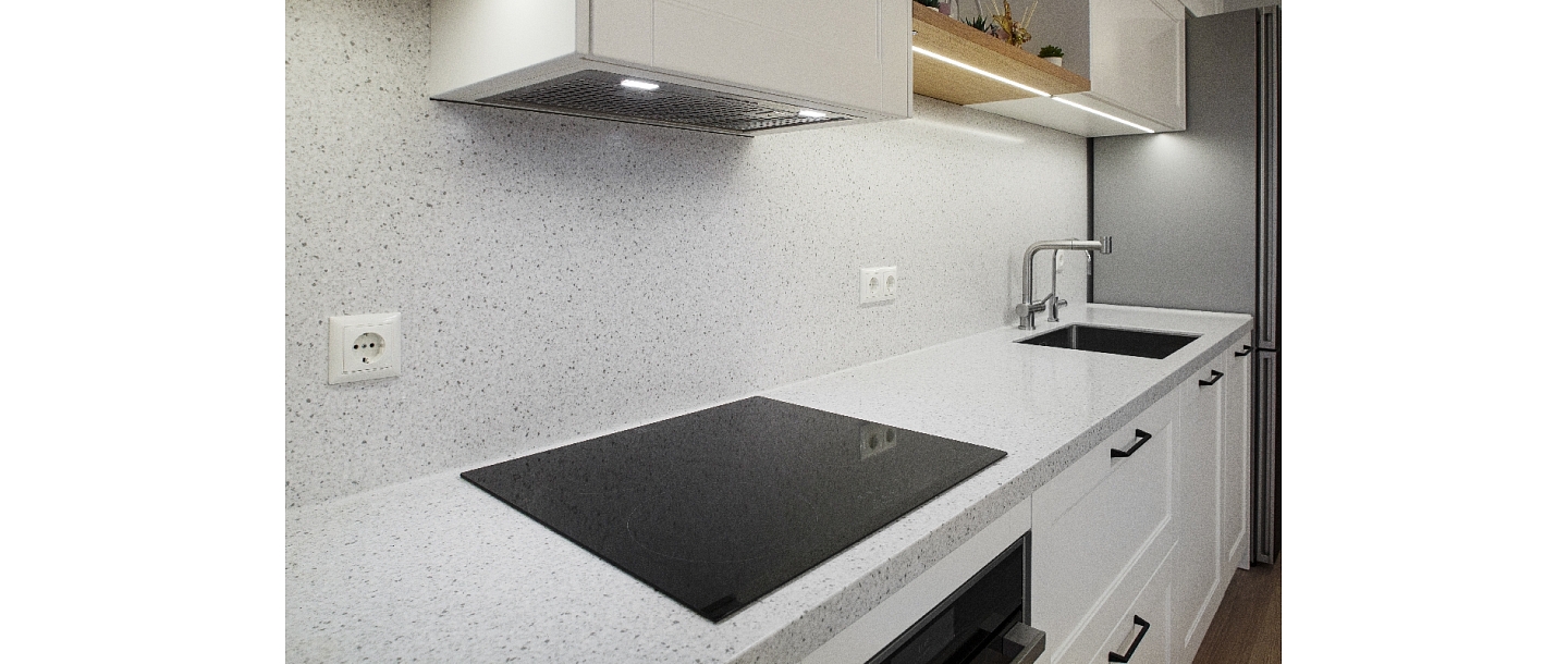 Kitchen surface with a wall panel made of Corian ® material