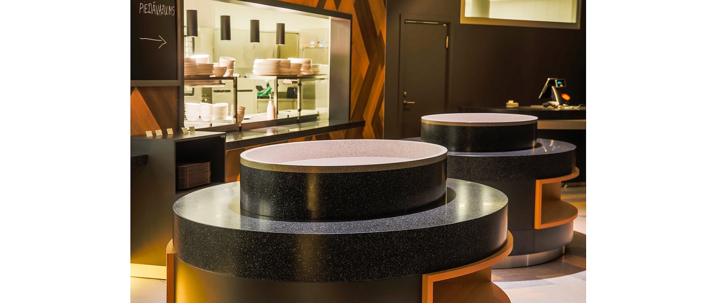 Table tops in the lunch restaurant made of Meganite ® material