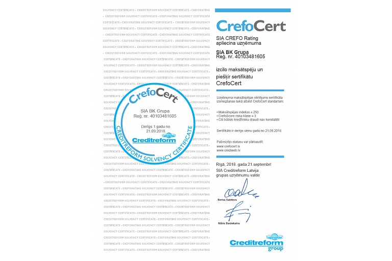 Bk Group Certificate of Excellent Solvency