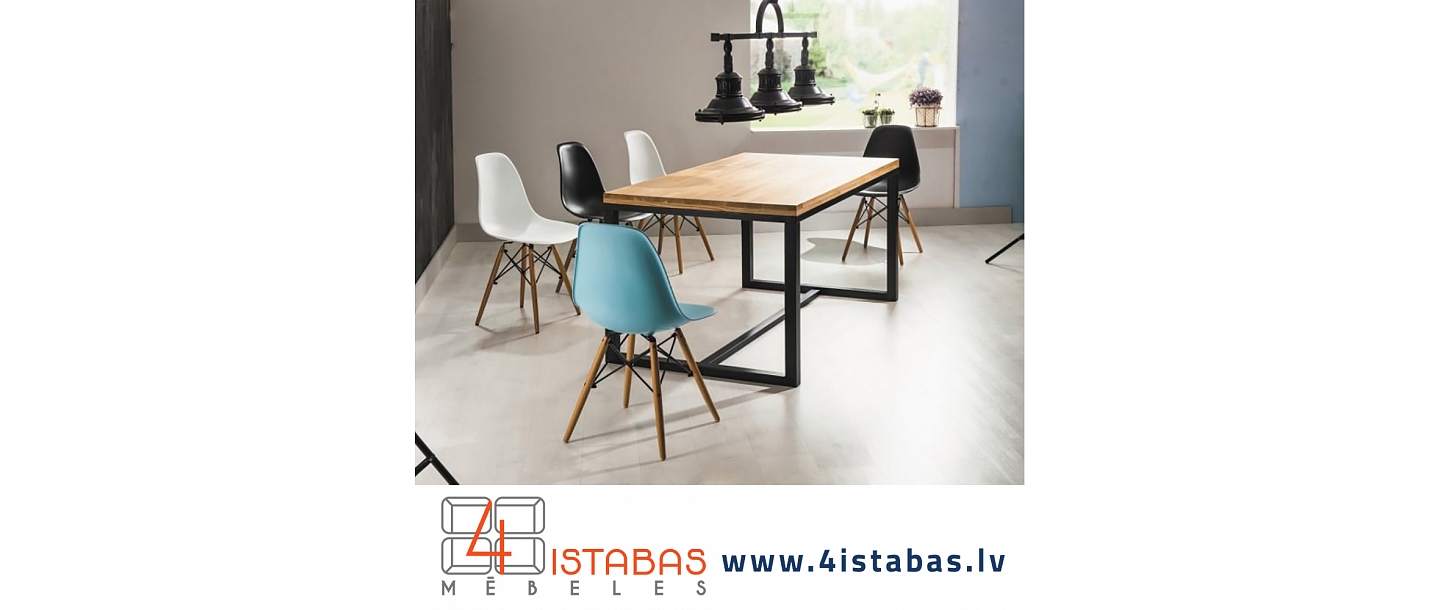 Металлический стол, дизайнерские стулья, лаконичные формы, мебель интернет магазин Латвия Рига мебель онлайн