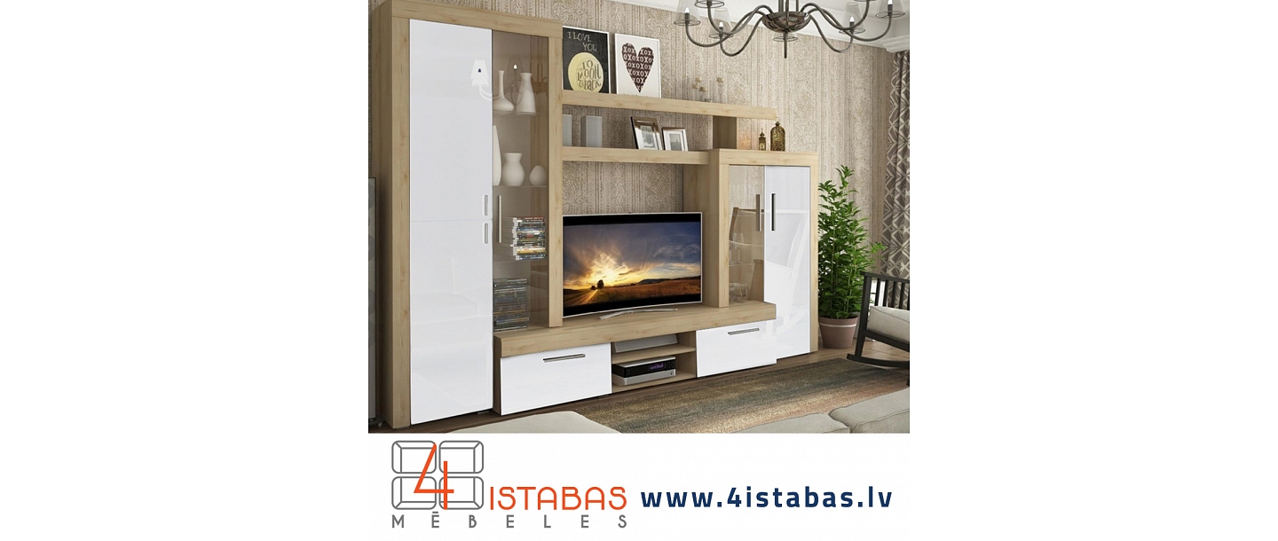White cabinet with showcases, niche for TV, furniture online store Latvia Valmiera Vidzeme furniture online
