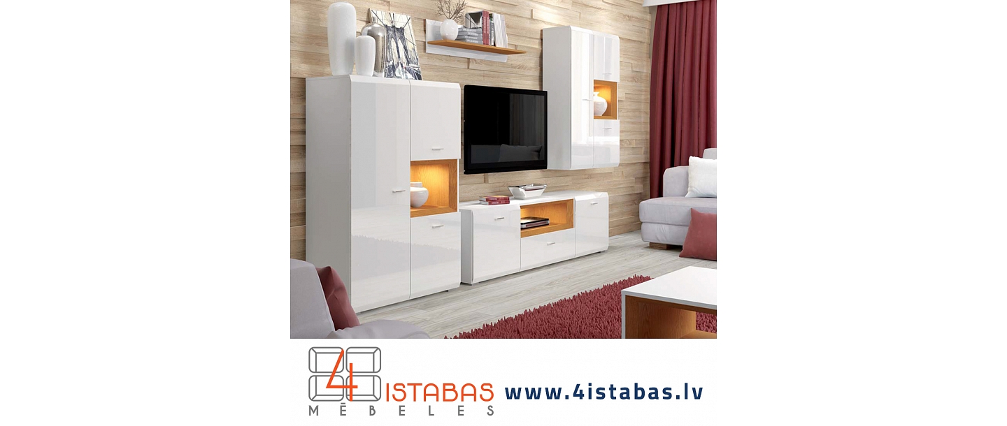 White lacquered living room, glossy cabinet, furniture online store Latvia Valmiera Vidzeme furniture online