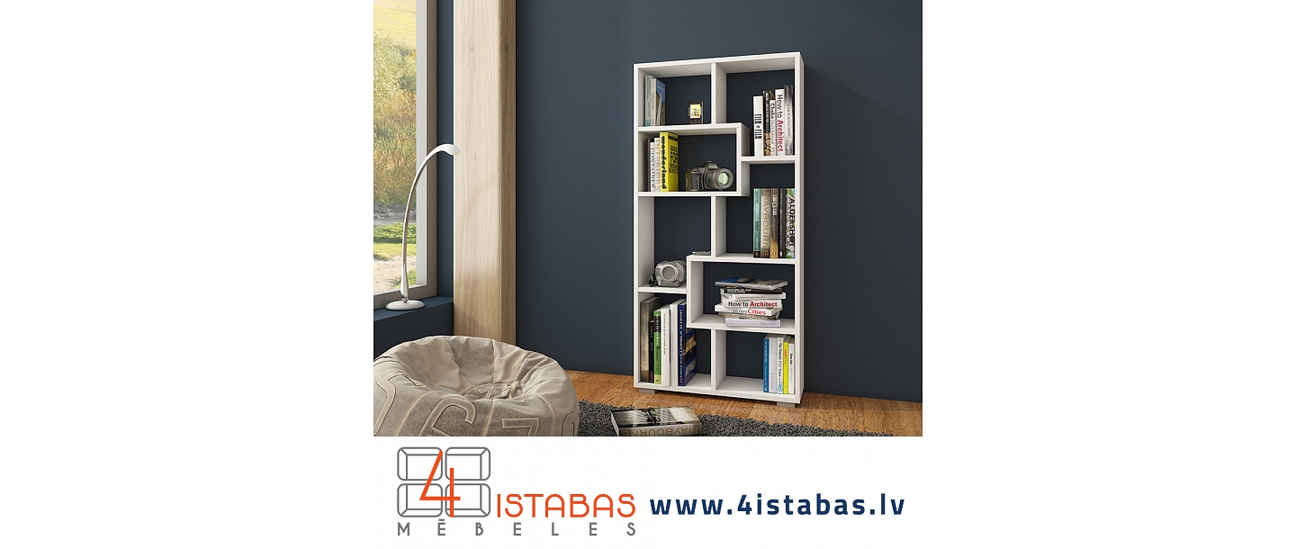White bookshelf, geometric shapes, furniture online store Latvia Valmiera Vidzeme furniture online