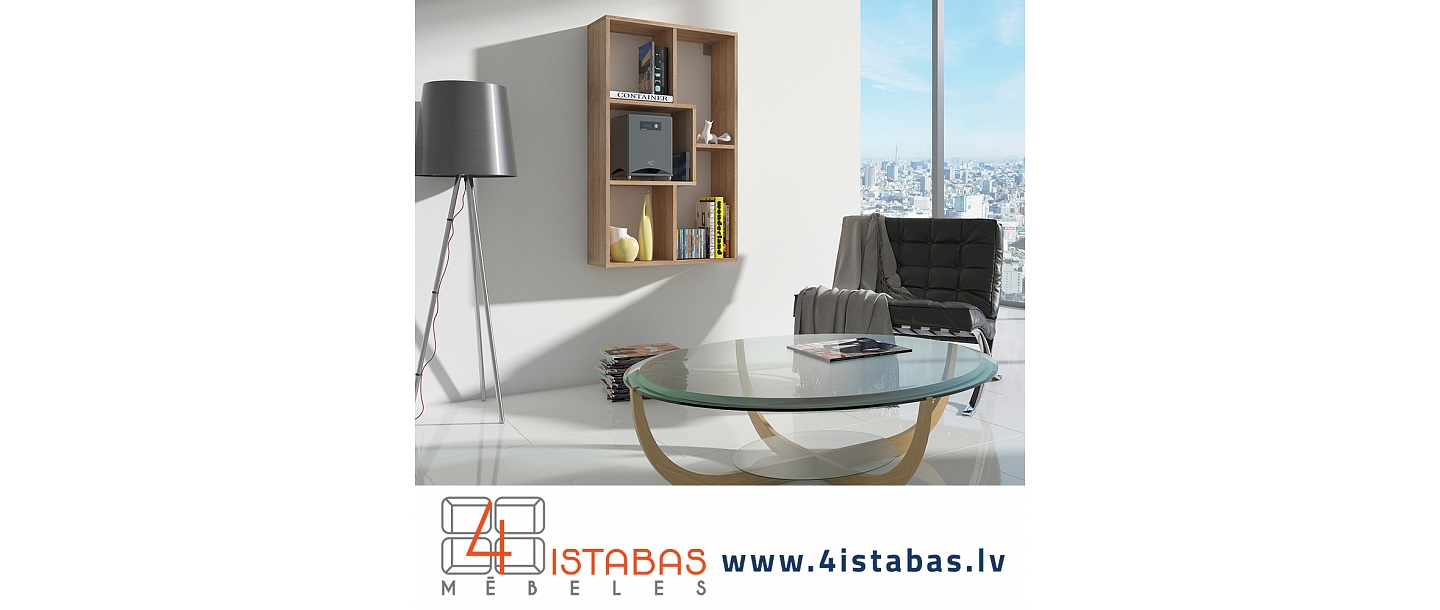 wood-colored bookshelf, geometric shapes, furniture online store Latvia Valmiera Vidzeme furniture online