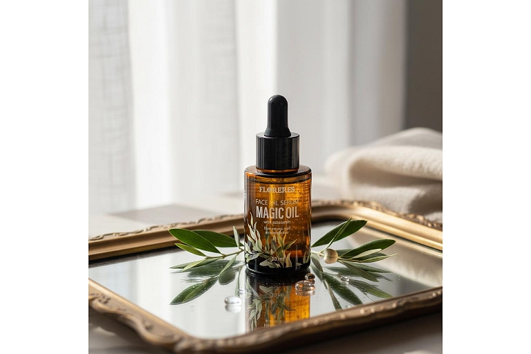 Sejas eļļas serums: Florere Magic sejas eļļas serums ar skvalānu dziļi baro ādu, padarot to mīkstu, gludu un starojošu.