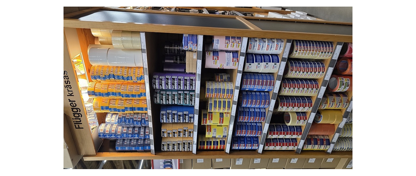 Flugger and tesa adhesive tape stand in the Profcentrs store