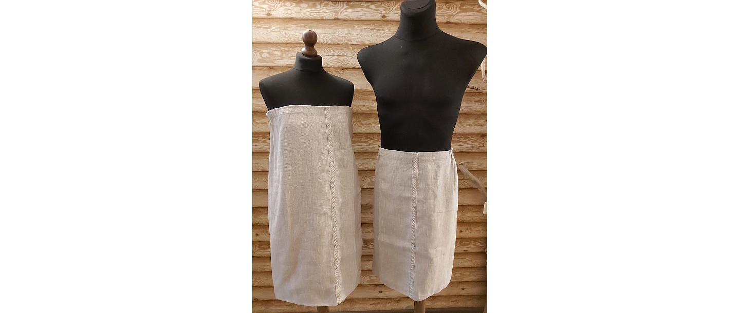 Komplekts pirtij, lina pirts kleita ar pelēkbaltu lina lentu, 2 svārki