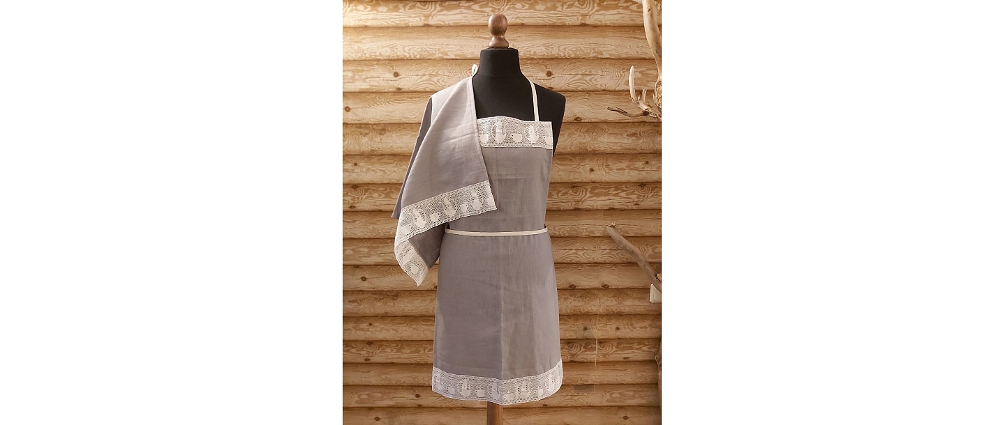 Linen apron with lace and towel – elegant kitchen textile