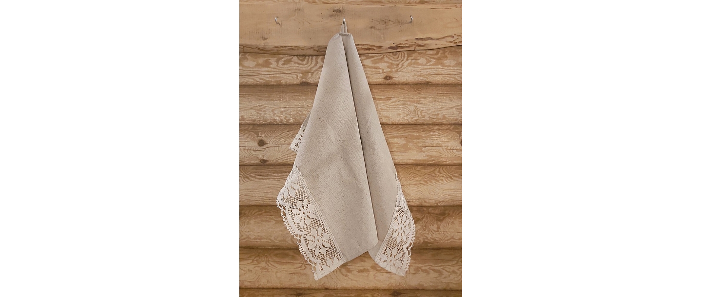 Linen towel light gray, white flowers in lace